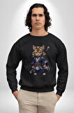 Asyalı Kedi Samuray Savaşcı  Kadın Erkek  Siyah Baskılı Sweatshirt 