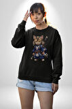 Asyalı Kedi Samuray Savaşcı  Kadın Erkek  Siyah Baskılı Sweatshirt 