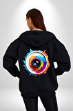Fotoğraf Makinesi Camera Lens  Kadın Erkek Siyah Renk Kapüşonlu Kanguru Cepli  Fermuarlı Pamuklu Oversize Dijital Baskılı Hırka Sweatshirt