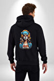 Hippie Cesur Stil Dövmeli Kız  Kadın Erkek Siyah Renk Kapüşonlu Kanguru Cepli  Fermuarlı Pamuklu Oversize Dijital Baskılı Hırka Sweatshirt