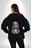 Hippie Cesur Stil Dövmeli Kız  Kadın Erkek Siyah Renk Kapüşonlu Kanguru Cepli  Fermuarlı Pamuklu Oversize Dijital Baskılı Hırka Sweatshirt