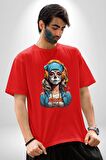 Hippie Cesur Stil Dövmeli Kız  Pamuklu Bisiklet Yaka Kadın Erkek Oversize Boyfriend Dijital Baskılı Kırmızı T-Shirt