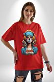 Hippie Cesur Stil Dövmeli Kız  Pamuklu Bisiklet Yaka Kadın Erkek Oversize Boyfriend Dijital Baskılı Kırmızı T-Shirt