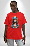 Hippie Cesur Stil Dövmeli Kız  Pamuklu Bisiklet Yaka Kadın Erkek Oversize Boyfriend Dijital Baskılı Kırmızı T-Shirt