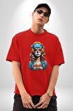 Hippie Cesur Stil Dövmeli Kız  Pamuklu Bisiklet Yaka Kadın Erkek Oversize Boyfriend Dijital Baskılı Kırmızı T-Shirt