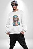 Hippie Cesur Stil Dövmeli Kız  Kadın Erkek  Beyaz Baskılı Sweatshirt 