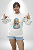 Hippie Cesur Stil Dövmeli Kız  Kadın Erkek  Beyaz Baskılı Sweatshirt 