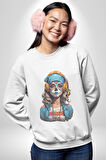Hippie Cesur Stil Dövmeli Kız  Kadın Erkek  Beyaz Baskılı Sweatshirt 