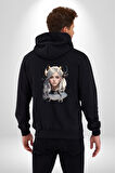 Koç  Kadın Savaşcı Kadın Erkek Siyah Renk Kapüşonlu Kanguru Cepli  Fermuarlı Pamuklu Oversize Dijital Baskılı Hırka Sweatshirt