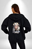 Koç  Kadın Savaşcı Kadın Erkek Siyah Renk Kapüşonlu Kanguru Cepli  Fermuarlı Pamuklu Oversize Dijital Baskılı Hırka Sweatshirt