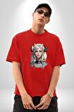 Koç Kadın Savaşcı Pamuklu Bisiklet Yaka Kadın Erkek Oversize Boyfriend Dijital Baskılı Kırmızı T-Shirt