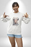 Koç Kadın Savaşcı Kadın Erkek  Beyaz Baskılı Sweatshirt 