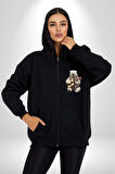 Kutup Ayısı Gitar Polar Çeket Kadın Erkek Siyah Renk Kapüşonlu Kanguru Cepli  Fermuarlı Pamuklu Oversize Dijital Baskılı Hırka Sweatshirt