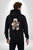 Kutup Ayısı Gitar Polar Çeket Kadın Erkek Siyah Renk Kapüşonlu Kanguru Cepli  Fermuarlı Pamuklu Oversize Dijital Baskılı Hırka Sweatshirt