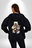 Kutup Ayısı Gitar Polar Çeket Kadın Erkek Siyah Renk Kapüşonlu Kanguru Cepli  Fermuarlı Pamuklu Oversize Dijital Baskılı Hırka Sweatshirt