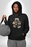 Kutup Ayısı Gitar Polar Çeket Kadın Erkek  Siyah Kapüşonlu Sweatshirt Hoodie