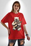 Kutup Ayısı Gitar Polar Çeket Pamuklu Bisiklet Yaka Kadın Erkek Oversize Boyfriend Dijital Baskılı Kırmızı T-Shirt