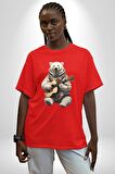 Kutup Ayısı Gitar Polar Çeket Pamuklu Bisiklet Yaka Kadın Erkek Oversize Boyfriend Dijital Baskılı Kırmızı T-Shirt