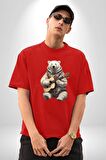 Kutup Ayısı Gitar Polar Çeket Pamuklu Bisiklet Yaka Kadın Erkek Oversize Boyfriend Dijital Baskılı Kırmızı T-Shirt