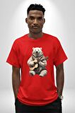 Kutup Ayısı Gitar Polar Çeket Pamuklu Bisiklet Yaka Kadın Erkek Oversize Boyfriend Dijital Baskılı Kırmızı T-Shirt