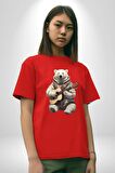 Kutup Ayısı Gitar Polar Çeket Pamuklu Bisiklet Yaka Kadın Erkek Oversize Boyfriend Dijital Baskılı Kırmızı T-Shirt