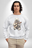 Kutup Ayısı Gitar Polar Çeket Kadın Erkek  Beyaz Baskılı Sweatshirt 