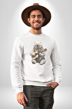 Kutup Ayısı Gitar Polar Çeket Kadın Erkek  Beyaz Baskılı Sweatshirt 