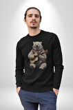 Kutup Ayısı Gitar Polar Çeket Kadın Erkek  Siyah Baskılı Sweatshirt 