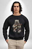 Kutup Ayısı Gitar Polar Çeket Kadın Erkek  Siyah Baskılı Sweatshirt 