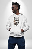Beyaz Kurt Kafası Kadın Erkek  Beyaz Kapüşonlu Sweatshirt Hoodie