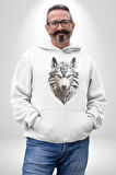 Beyaz Kurt Kafası Kadın Erkek  Beyaz Kapüşonlu Sweatshirt Hoodie