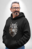 Beyaz Kurt Kafası Kadın Erkek  Siyah Kapüşonlu Sweatshirt Hoodie