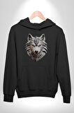 Beyaz Kurt Kafası Kadın Erkek  Siyah Kapüşonlu Sweatshirt Hoodie