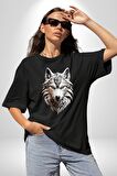 Beyaz Kurt Kafası Pamuklu Bisiklet Yaka Kadın Erkek Oversize Boyfriend Dijital Baskılı Siyah T-shirt