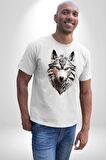 Beyaz Kurt Kafası Kadın Erkek Unisex Beyaz Organik Baskılı T-Shirt Penye Yüksek Kalite
