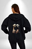 Yüz Yüze Ellerin  Uyumu Kadın Erkek Siyah Renk Kapüşonlu Kanguru Cepli  Fermuarlı Pamuklu Oversize Dijital Baskılı Hırka Sweatshirt