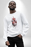 Kırmızı Beyaz Kalp Toplar Damar Kadın Erkek  Beyaz Baskılı Sweatshirt 