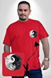 Kırmızı Beyaz Ying Yang Kırmızı Büyük Beden Kadın Basic Minimal Baskılı Tişört