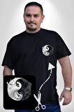 Siyah Beyaz Ying Yang Siyah Büyük Beden Kadın Basic Minimal Baskılı Tişört