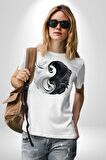 Siyah Beyaz Ying Yang Kadın Erkek Unisex Beyaz Organik Baskılı T-Shirt Penye Yüksek Kalite