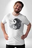Siyah Beyaz Ying Yang Kadın Erkek Unisex Beyaz Organik Baskılı T-Shirt Penye Yüksek Kalite