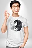 Siyah Beyaz Ying Yang Kadın Erkek Unisex Beyaz Organik Baskılı T-Shirt Penye Yüksek Kalite