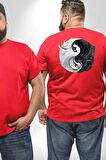 Kırmızı Beyaz Ying Yang Büyük Beden Kırmızı Tişört Kadın Erkek Ünisex Sırt Baskılı