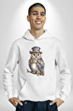 Şapkalı Amerikalı Baykuş Burjuva Baykuş Kadın Erkek  Beyaz Kapüşonlu Sweatshirt Hoodie