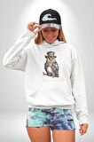 Şapkalı Amerikalı Baykuş Burjuva Baykuş Kadın Erkek  Beyaz Kapüşonlu Sweatshirt Hoodie