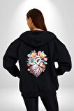 Porselen Çiçek Kalp Kadın Erkek Siyah Renk Kapüşonlu Kanguru Cepli  Fermuarlı Pamuklu Oversize Dijital Baskılı Hırka Sweatshirt