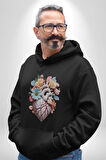 Porselen Çiçek Kalp Kadın Erkek  Siyah Kapüşonlu Sweatshirt Hoodie