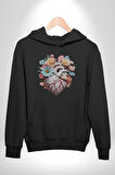 Porselen Çiçek Kalp Kadın Erkek  Siyah Kapüşonlu Sweatshirt Hoodie