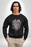 Porselen Çiçek Kalp Kadın Erkek  Siyah Baskılı Sweatshirt 