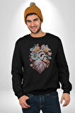 Porselen Çiçek Kalp Kadın Erkek  Siyah Baskılı Sweatshirt 
